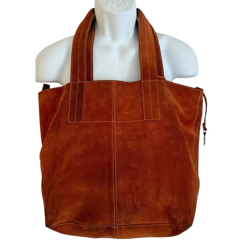 Leather Suede Brown Cognac Purse‎ Bag Boho Bohemian Stitching Key Strap Lining